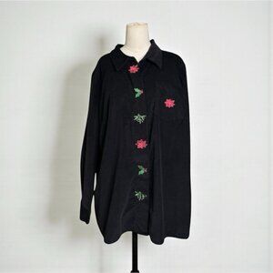 Quacker Factory Black Corduroy Holiday Shirt – Poinsettia & Holly Embroidered 1X